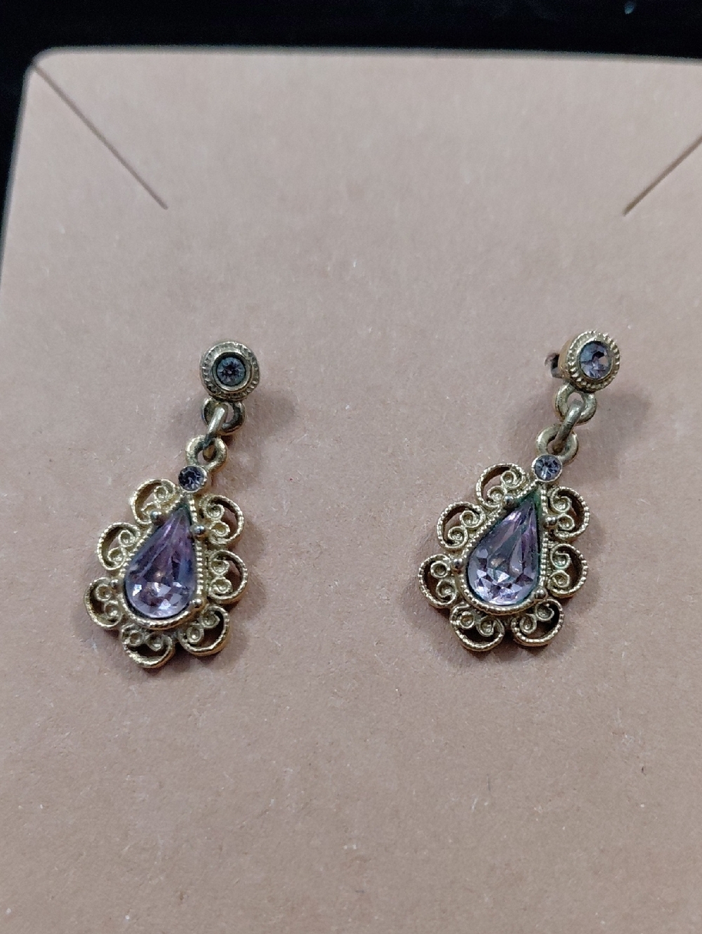 Delicate Victorian Style Drop Earrings with Lilac Teardrop Crystals